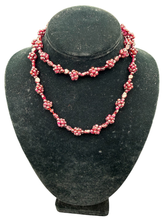Vintage Grape Garnets Beaded Necklace Floral Cluster Design