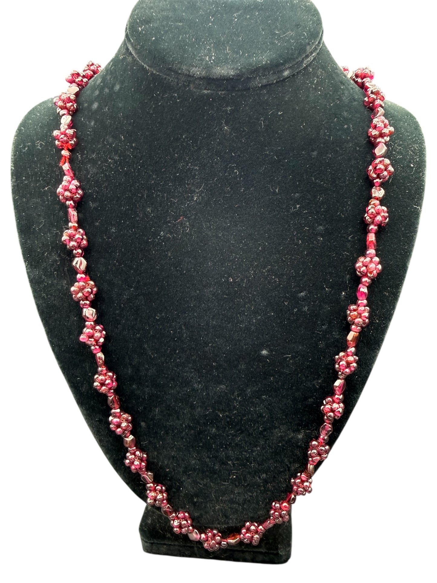 Vintage Grape Garnets Beaded Necklace Floral Cluster Design