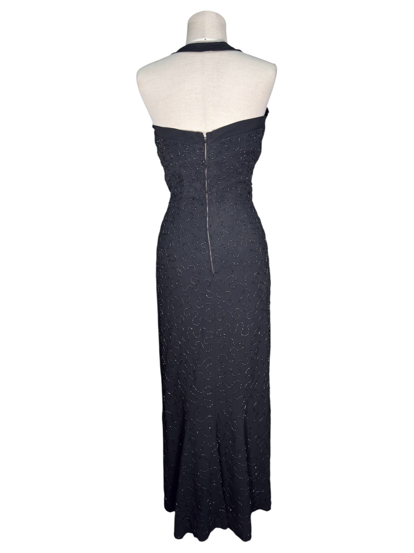 1950s Ceil Chapman Black Beaded Halter Gown With Crumb Catcher