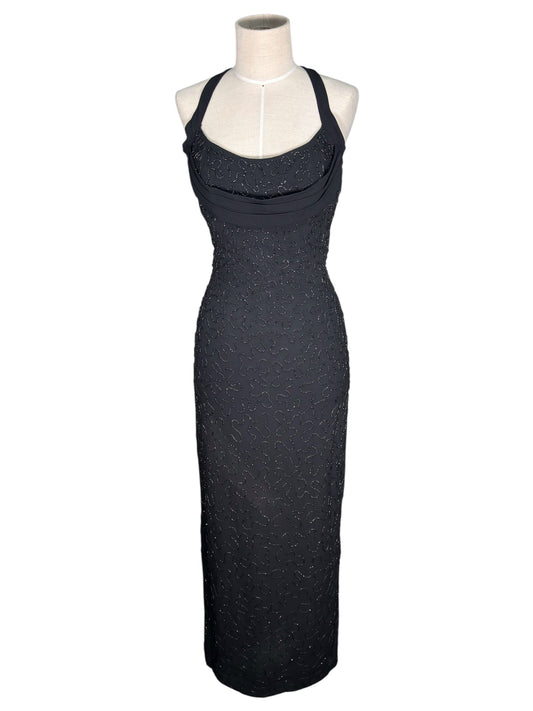 1950s Ceil Chapman Black Beaded Halter Gown With Crumb Catcher