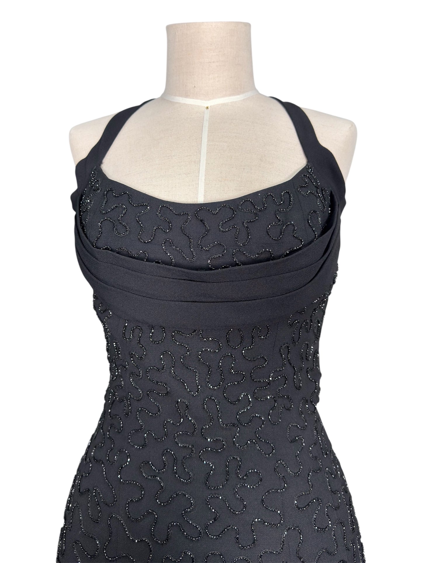 1950s Ceil Chapman Black Beaded Halter Gown With Crumb Catcher