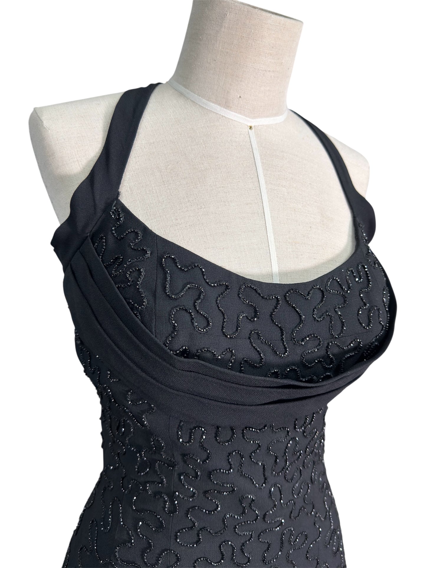 1950s Ceil Chapman Black Beaded Halter Gown With Crumb Catcher