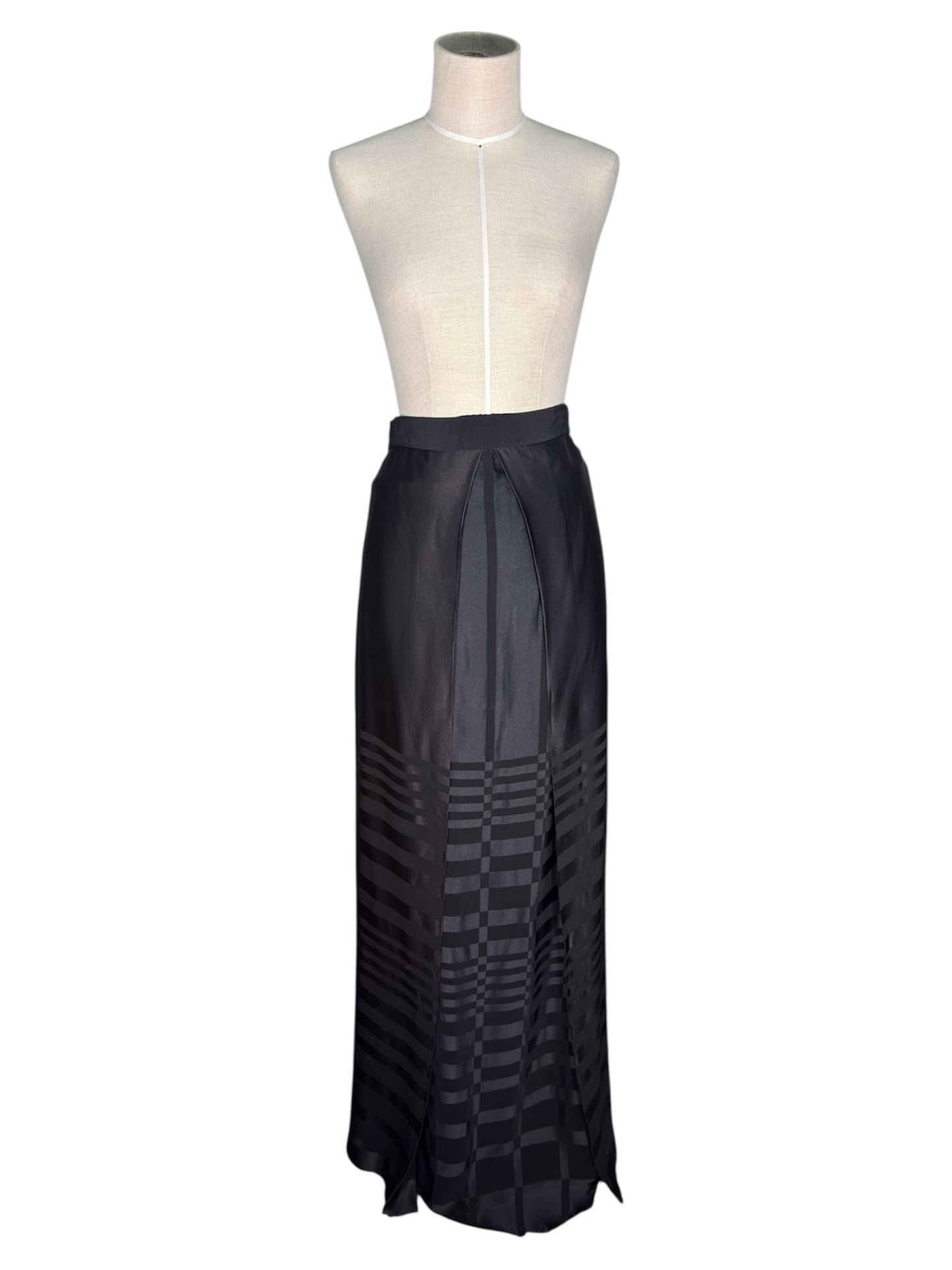 1970s Jean Varon Black Satin Striped Maxi Skirt