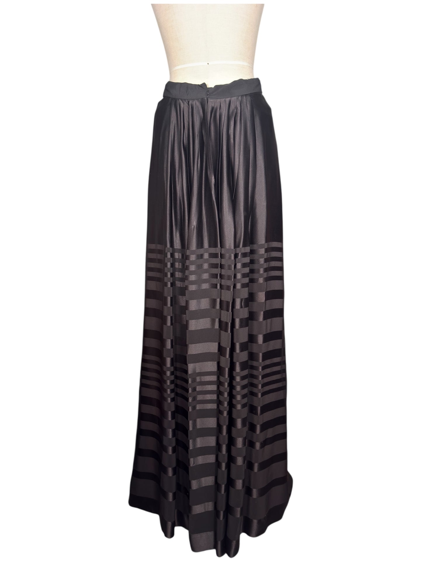 1970s Jean Varon Black Satin Striped Maxi Skirt