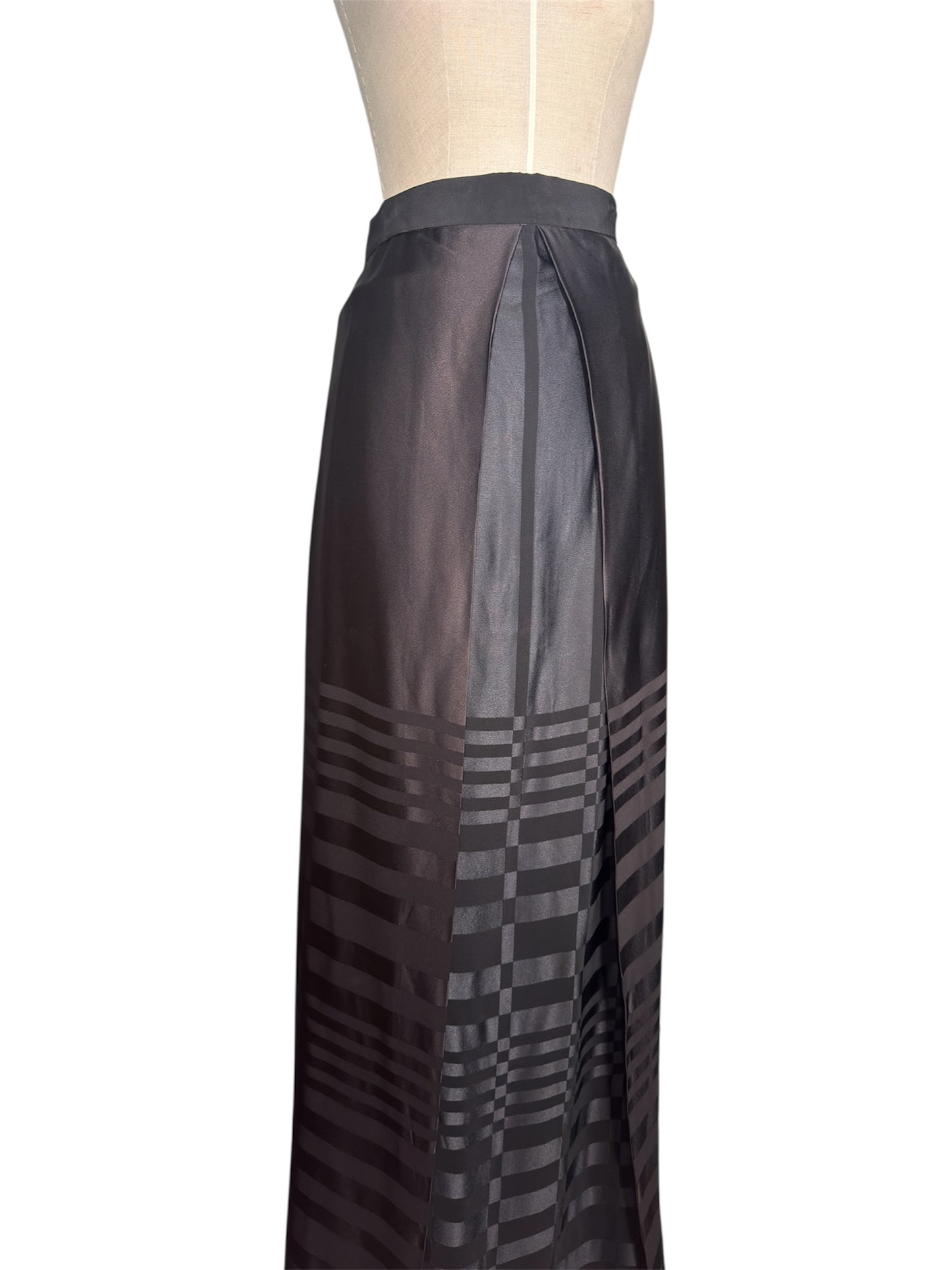 1970s Jean Varon Black Satin Striped Maxi Skirt