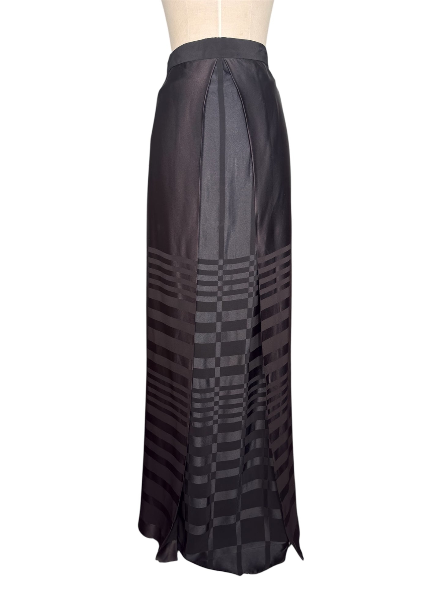 1970s Jean Varon Black Satin Striped Maxi Skirt