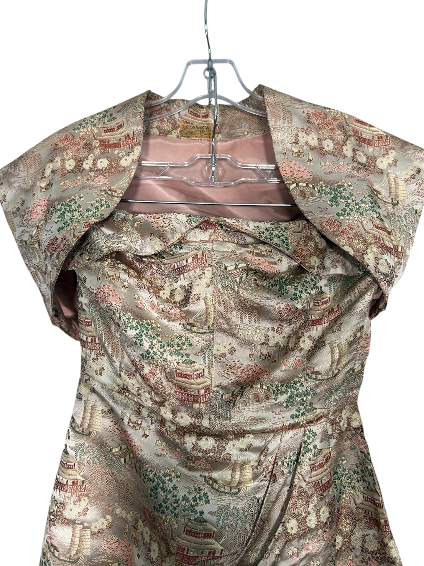 1950s Waikiki Brocade Bombshell Dress With Asian Scenic Motif And Matching Bolero