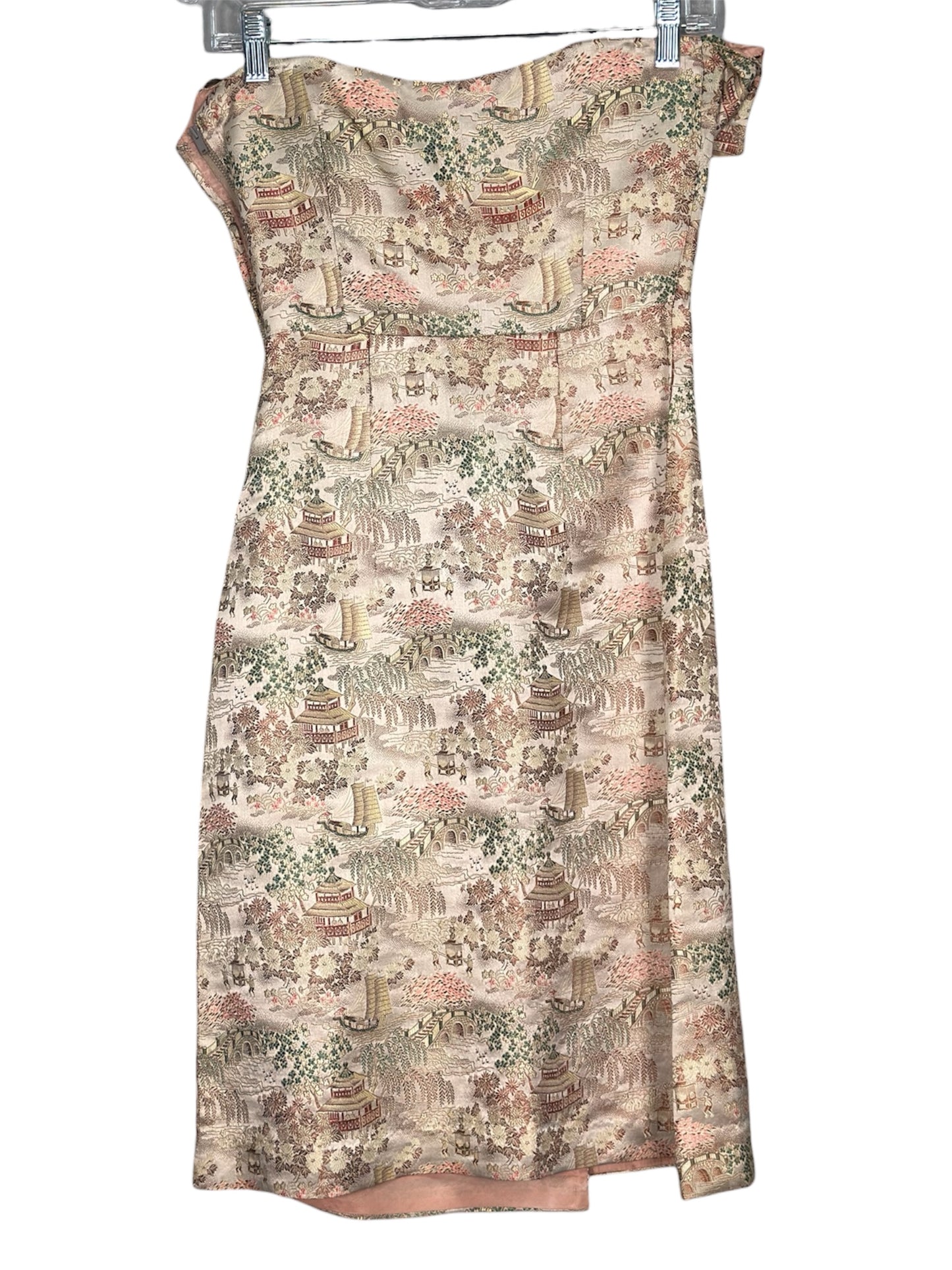 1950s Waikiki Brocade Bombshell Dress With Asian Scenic Motif And Matching Bolero