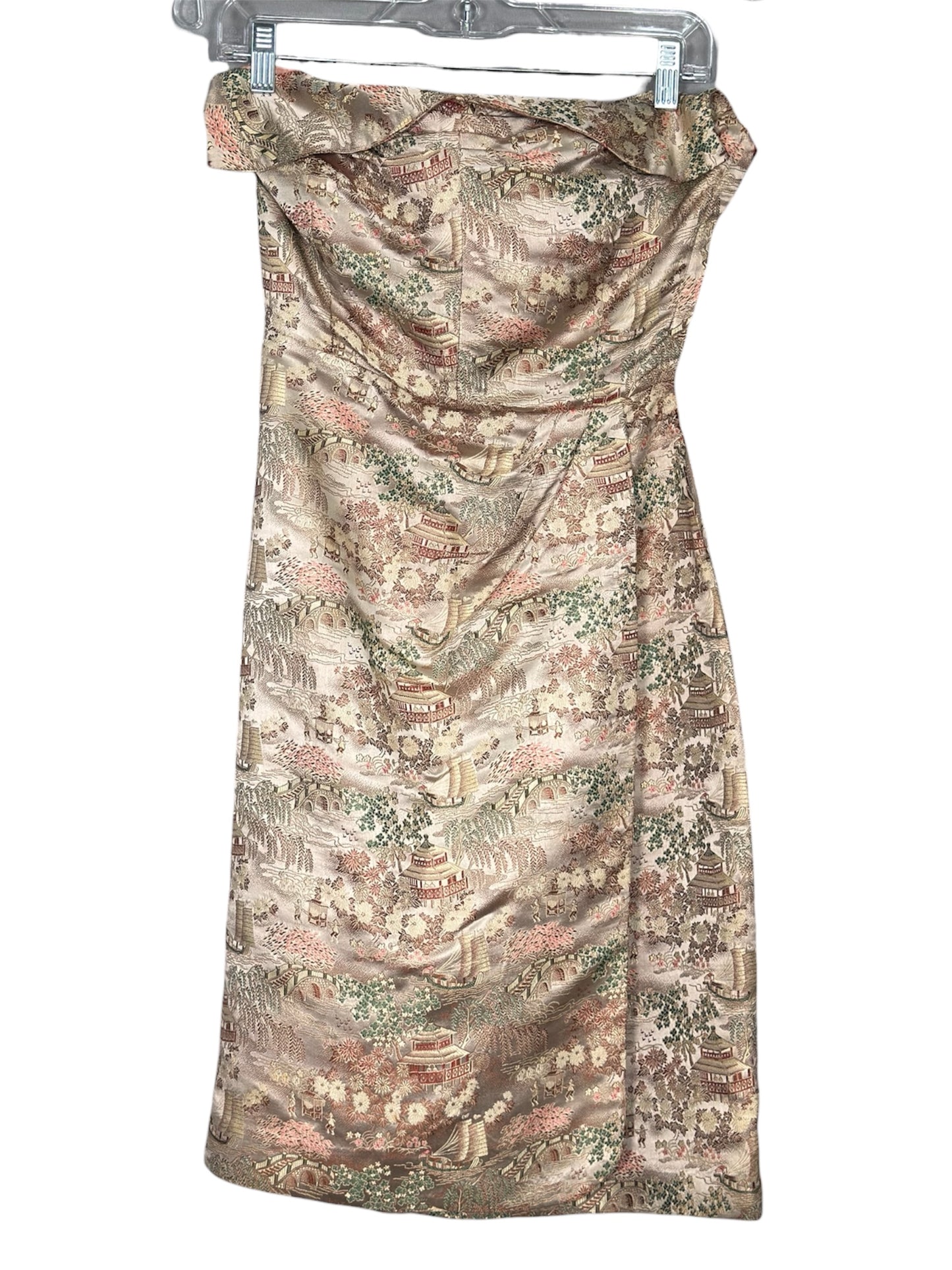 1950s Waikiki Brocade Bombshell Dress With Asian Scenic Motif And Matching Bolero