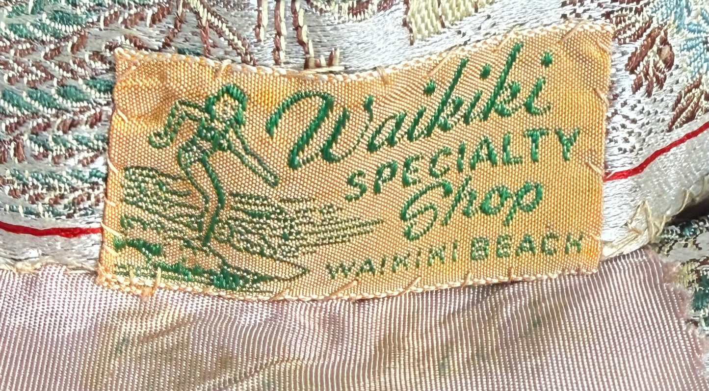 1950s Waikiki Brocade Bombshell Dress With Asian Scenic Motif And Matching Bolero