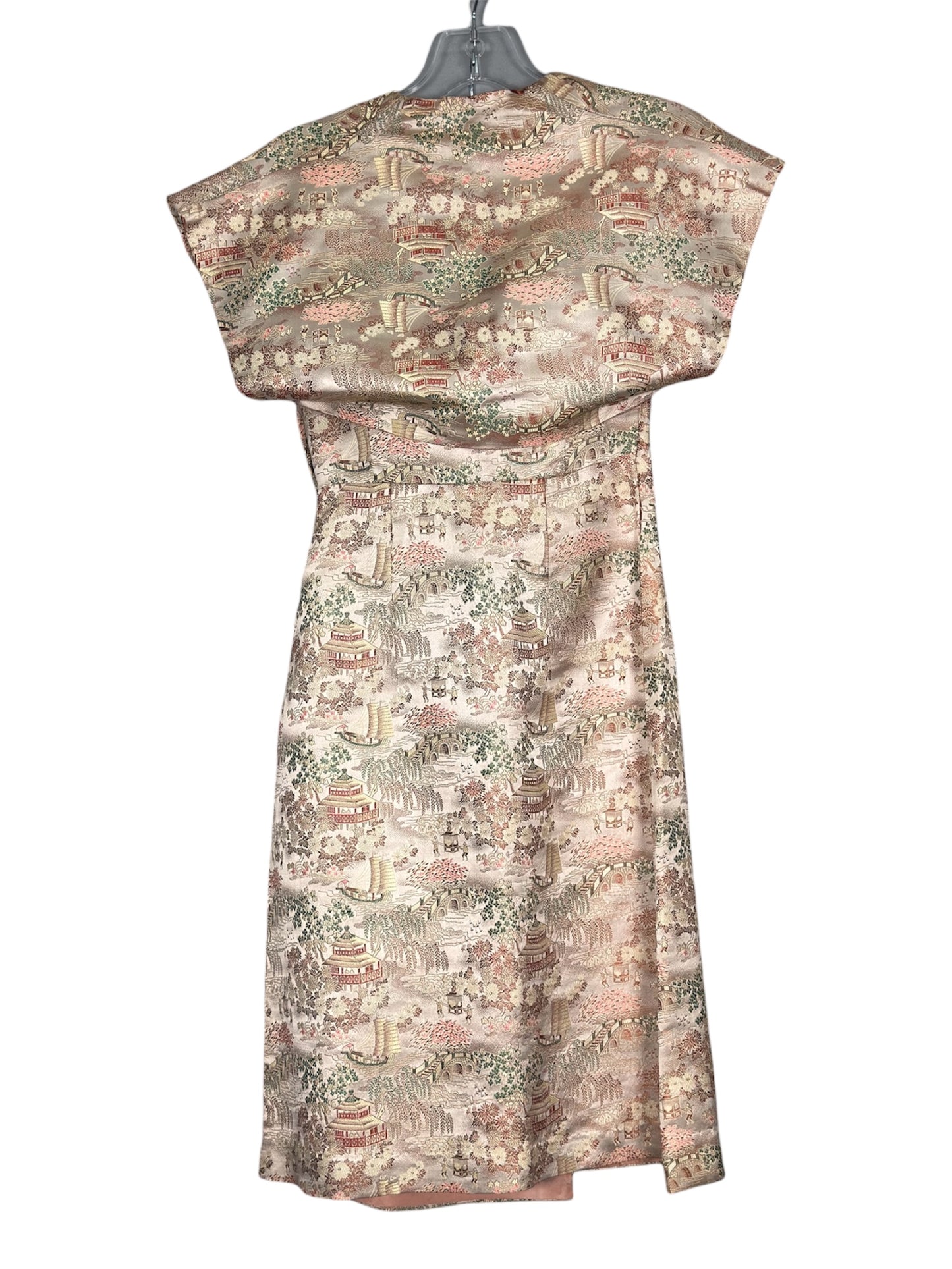 1950s Waikiki Brocade Bombshell Dress With Asian Scenic Motif And Matching Bolero