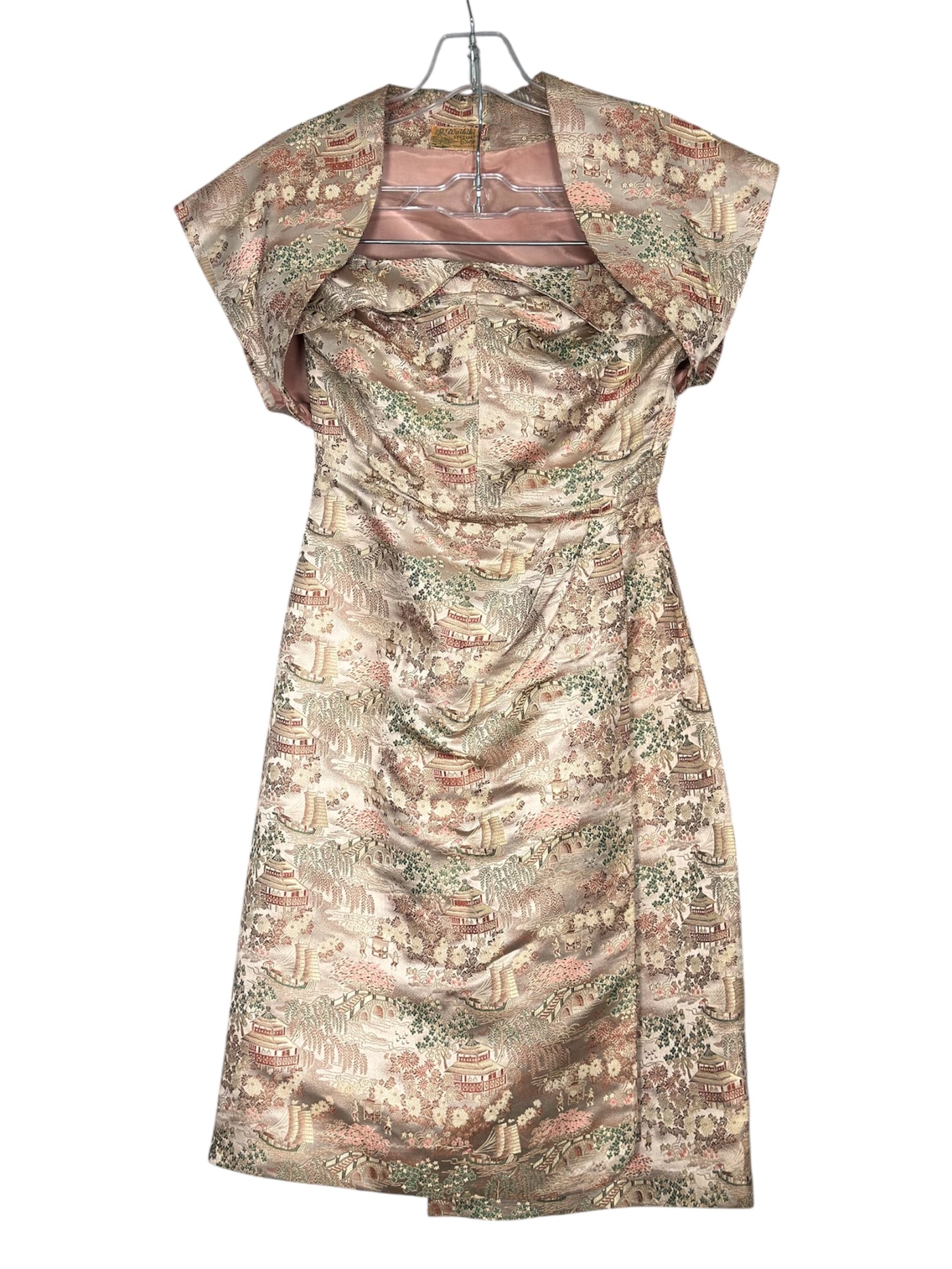 1950s Waikiki Brocade Bombshell Dress With Asian Scenic Motif And Matching Bolero
