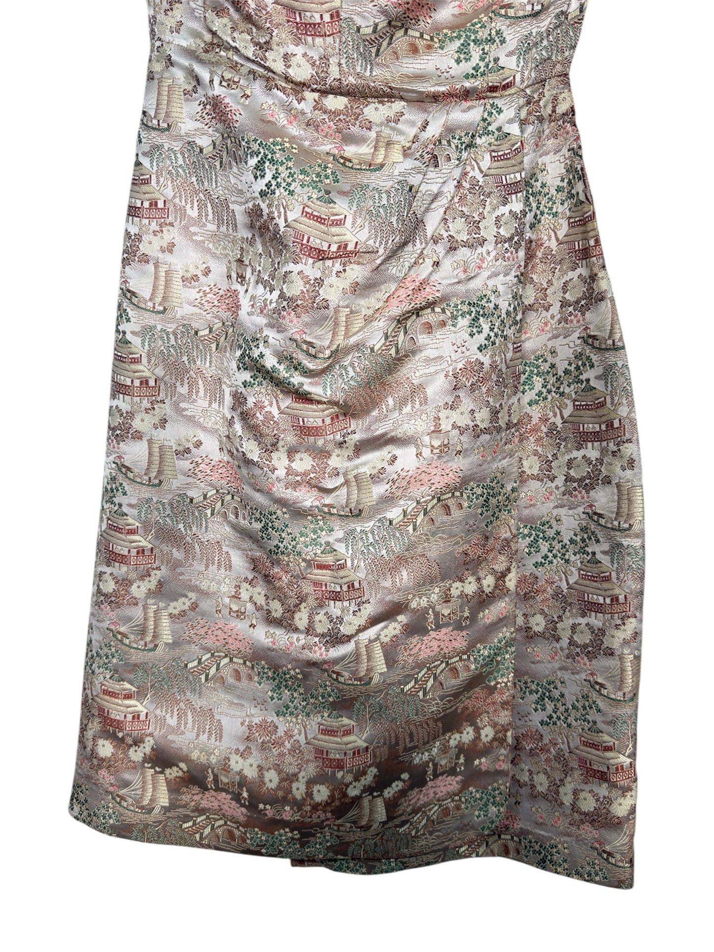 1950s Waikiki Brocade Bombshell Dress With Asian Scenic Motif And Matching Bolero