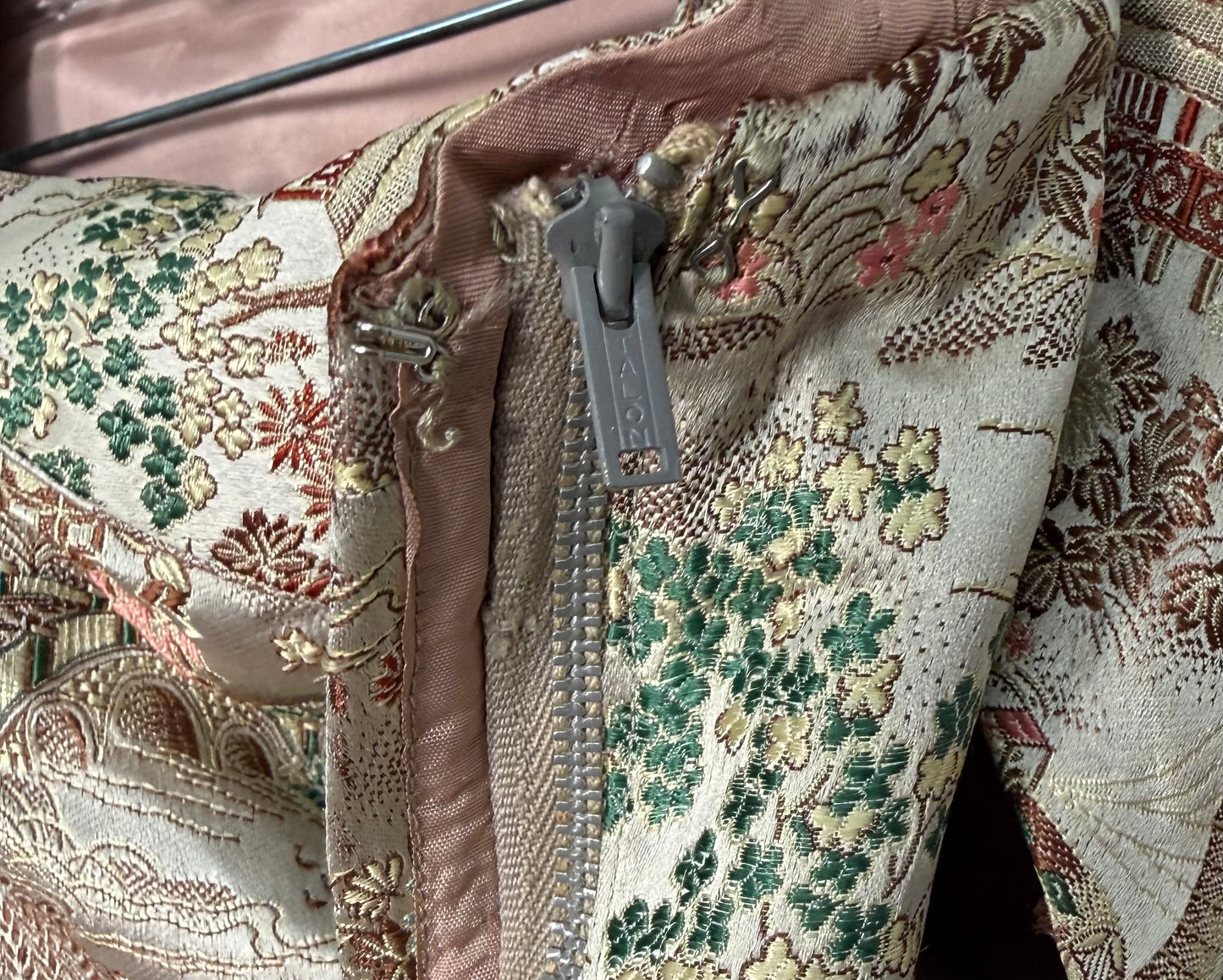 1950s Waikiki Brocade Bombshell Dress With Asian Scenic Motif And Matching Bolero