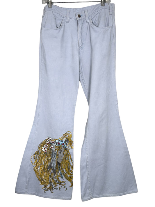 1970s Levi's Light Denim Bellbottom Jeans Printed Art Nouveau Motif