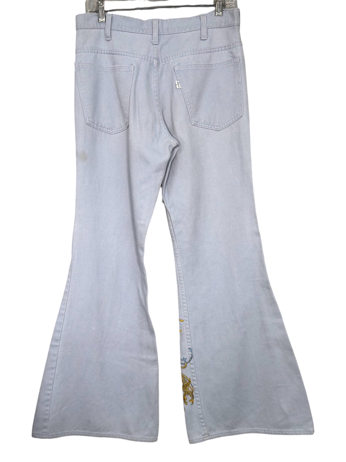 1970s Levi's Light Denim Bellbottom Jeans Printed Art Nouveau Motif