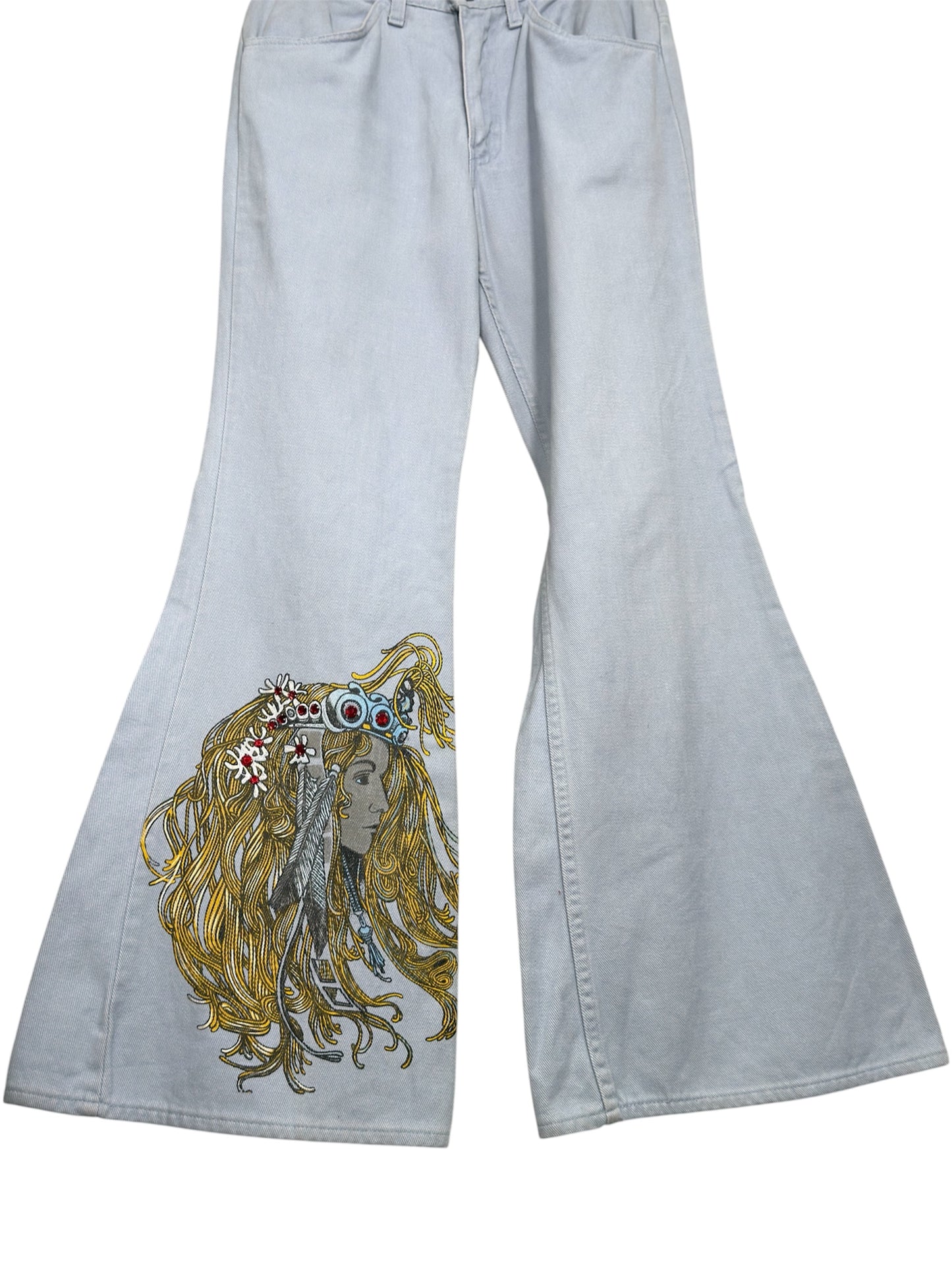 1970s Levi's Light Denim Bellbottom Jeans Printed Art Nouveau Motif