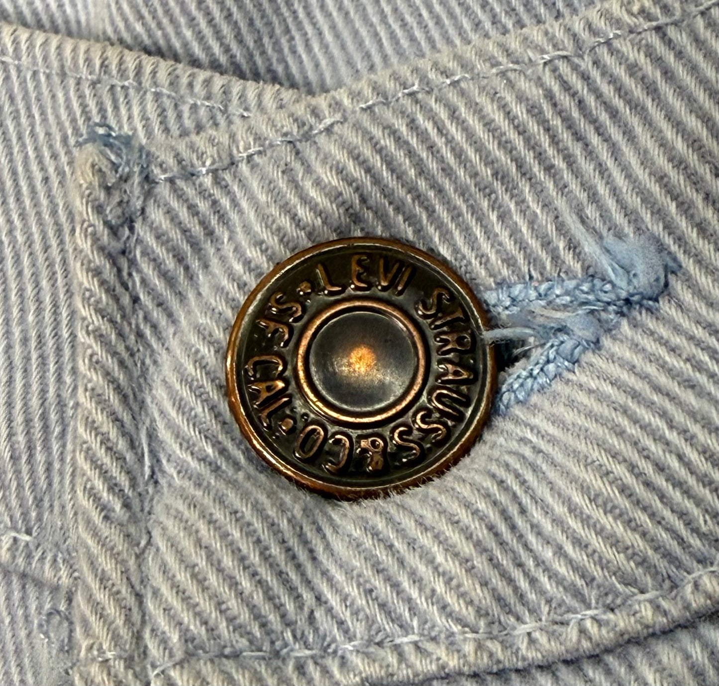 1970s Levi's Light Denim Bellbottom Jeans Printed Art Nouveau Motif