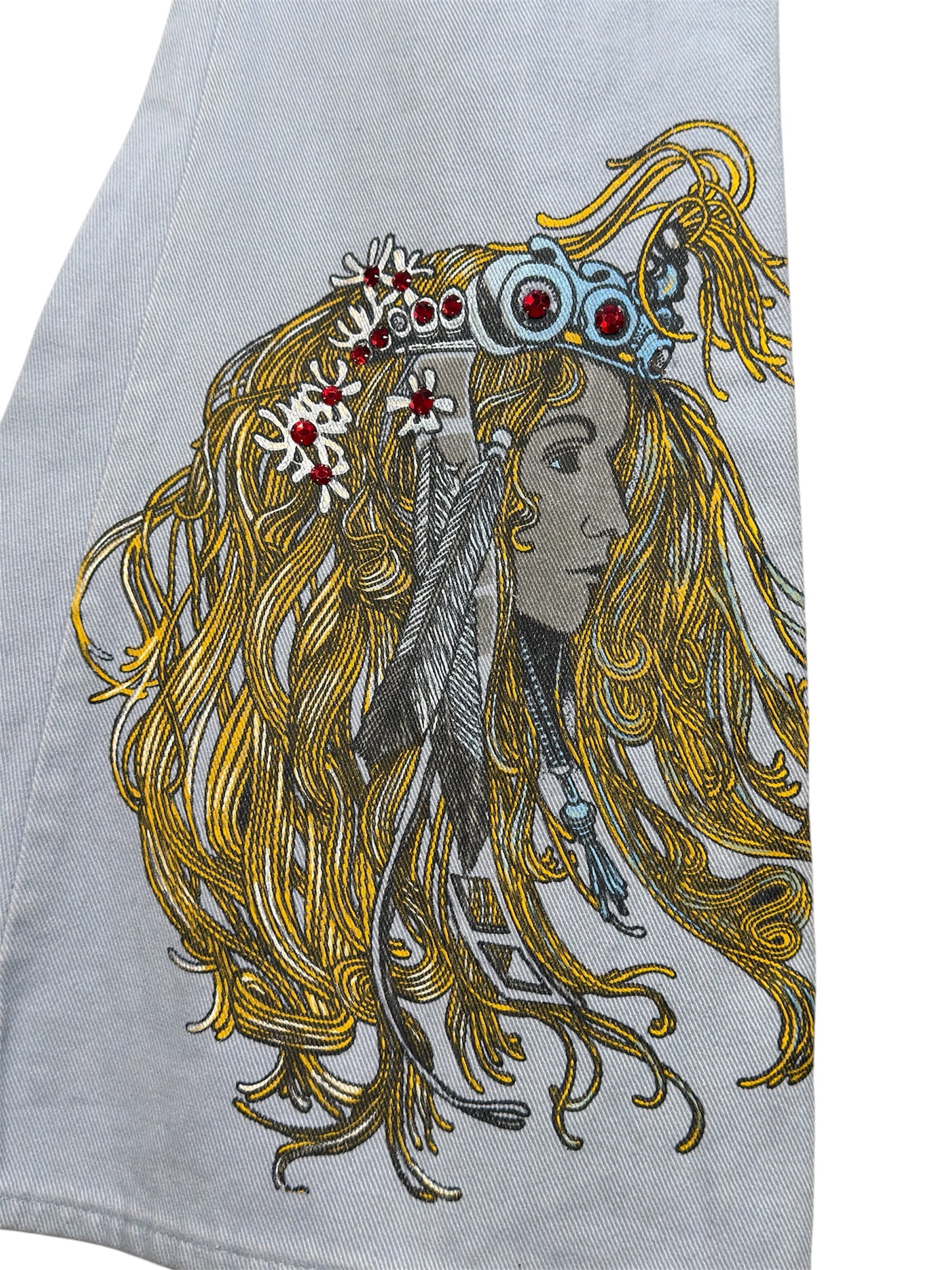 1970s Levi's Light Denim Bellbottom Jeans Printed Art Nouveau Motif