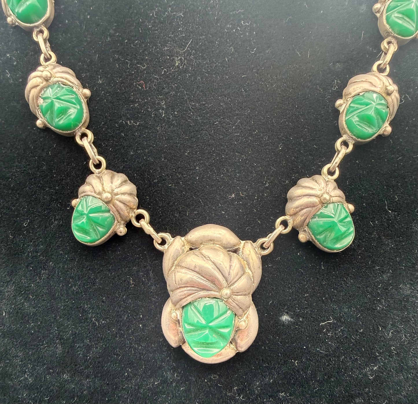 Vintage Sterling Silver and Jadeite Geometric Mexican Necklace