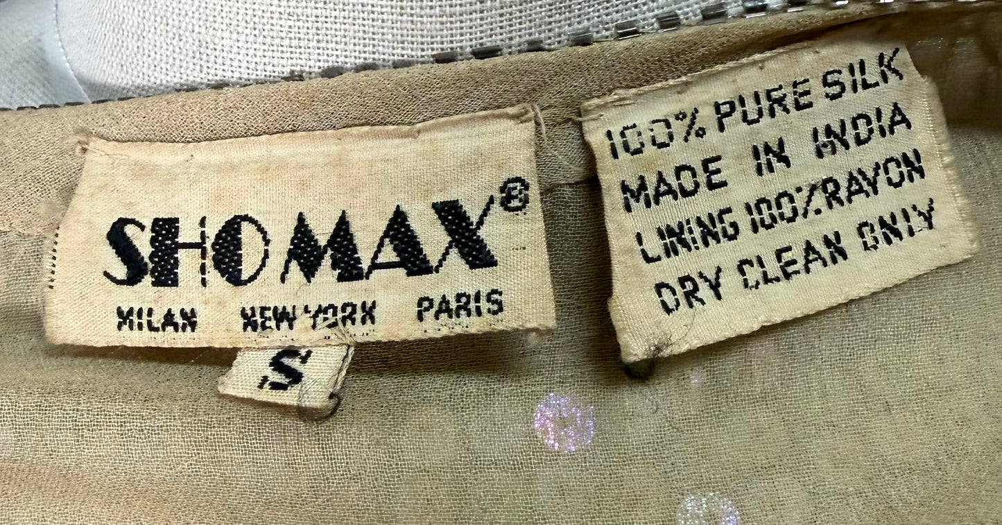 1970s ShoMax Beige Iridescent Sequined Silk Gown