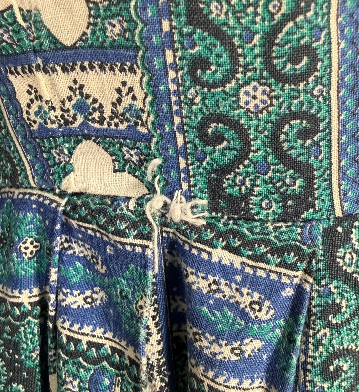1950s Cotton Blue and Green Geometric Day Dress with Circle Skirt