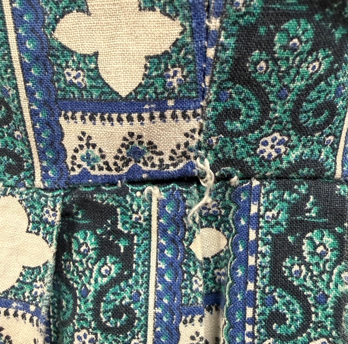 1950s Cotton Blue and Green Geometric Day Dress with Circle Skirt