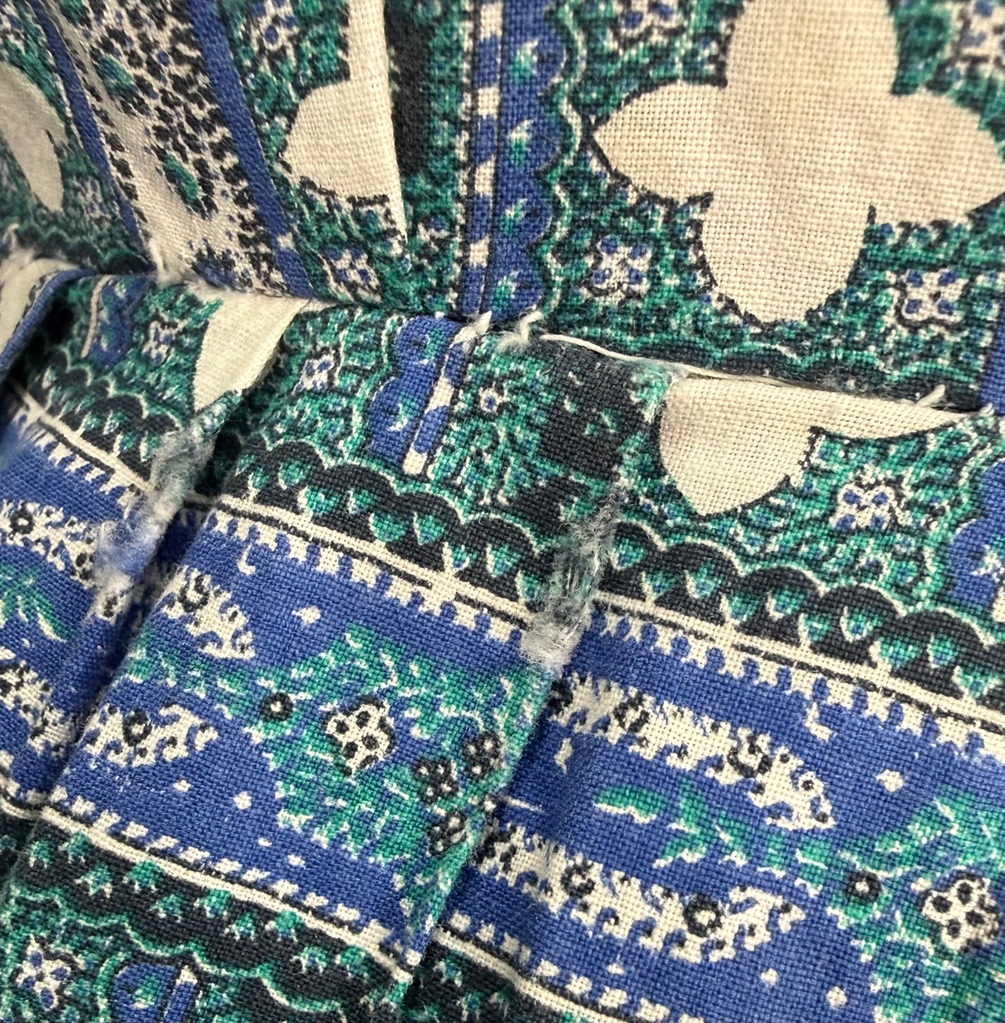 1950s Cotton Blue and Green Geometric Day Dress with Circle Skirt