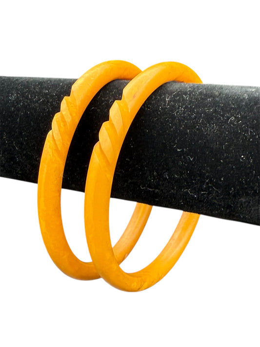 Bakelite Bangles Carved Yellow Set