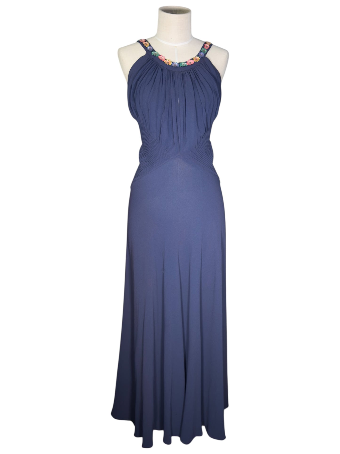 30s Bias Cut Navy Gown with Celluloid Flowers