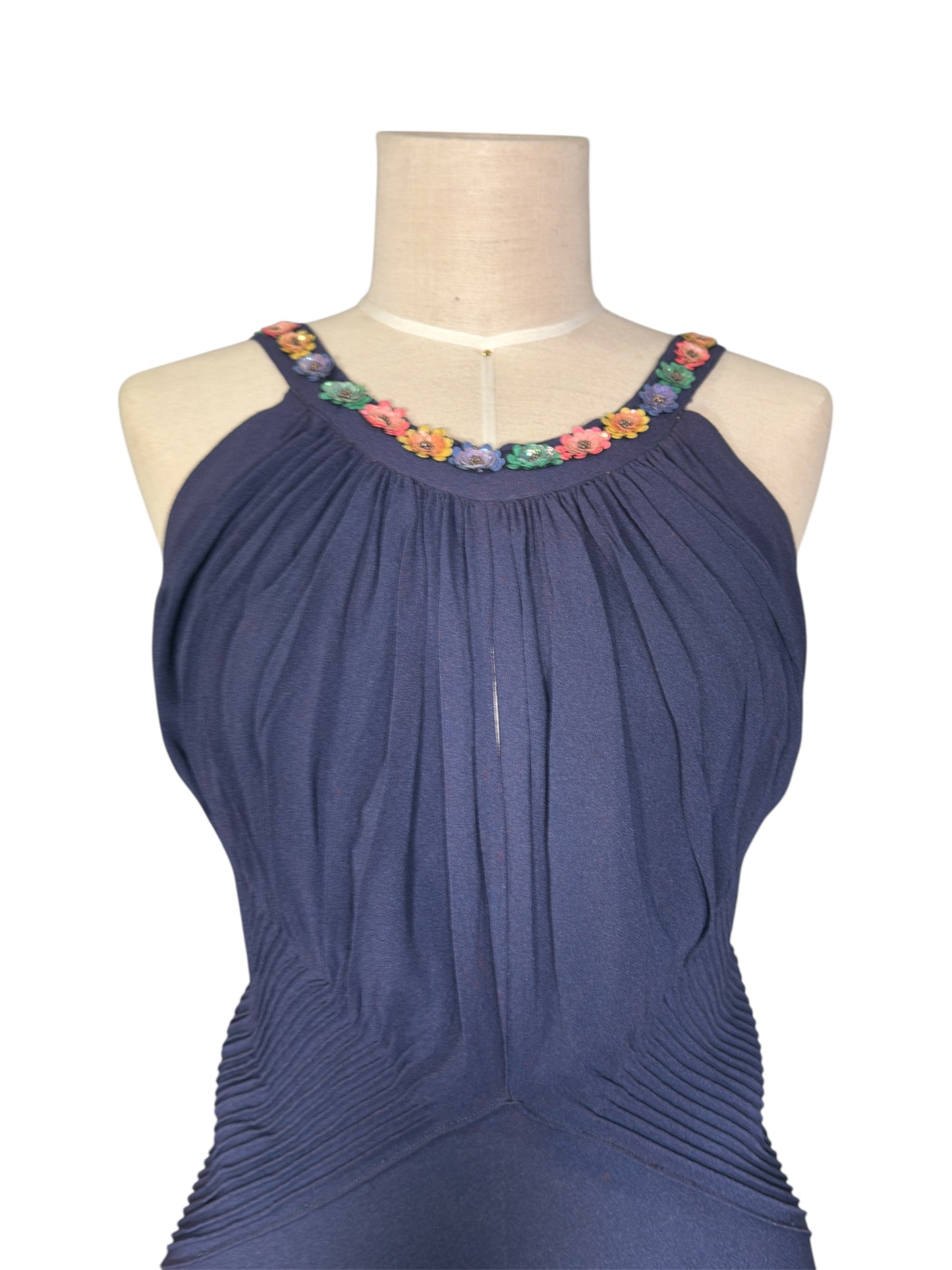 30s Bias Cut Navy Gown with Celluloid Flowers