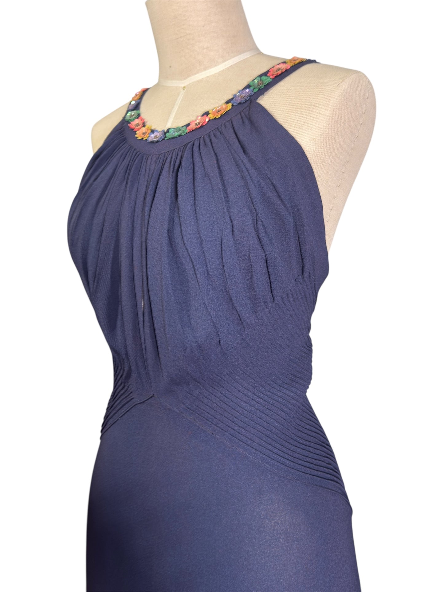 30s Bias Cut Navy Gown with Celluloid Flowers