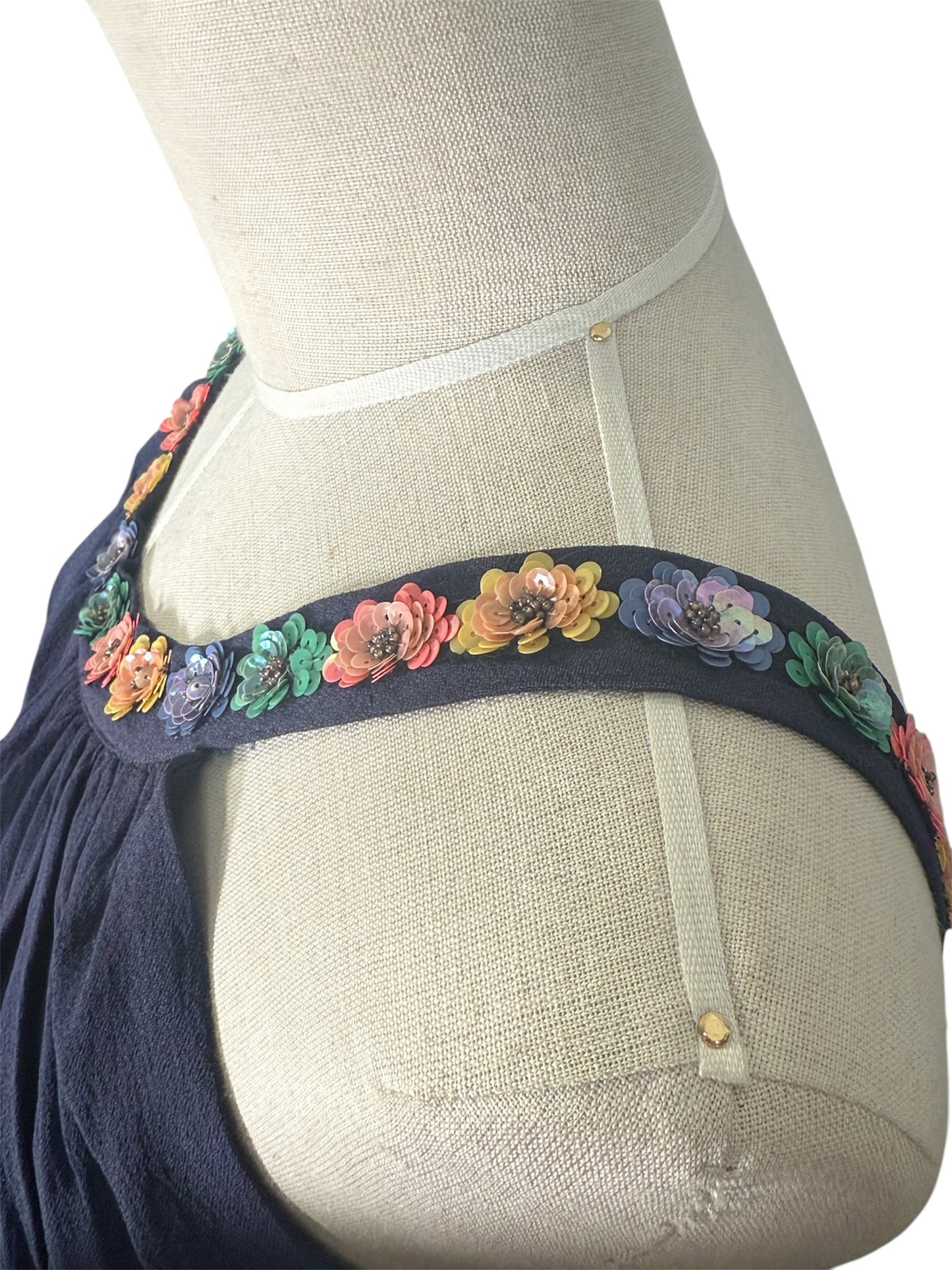 30s Bias Cut Navy Gown with Celluloid Flowers