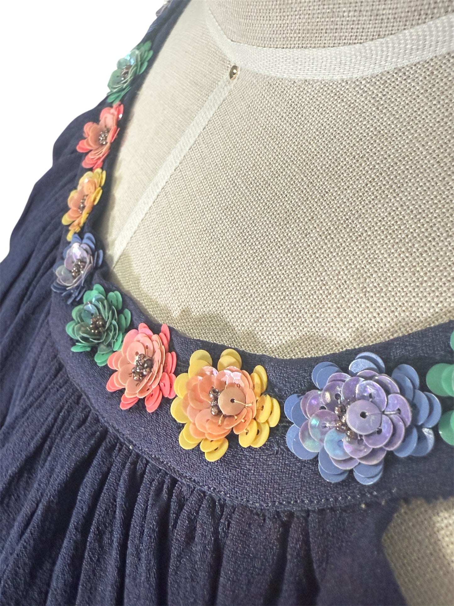 30s Bias Cut Navy Gown with Celluloid Flowers