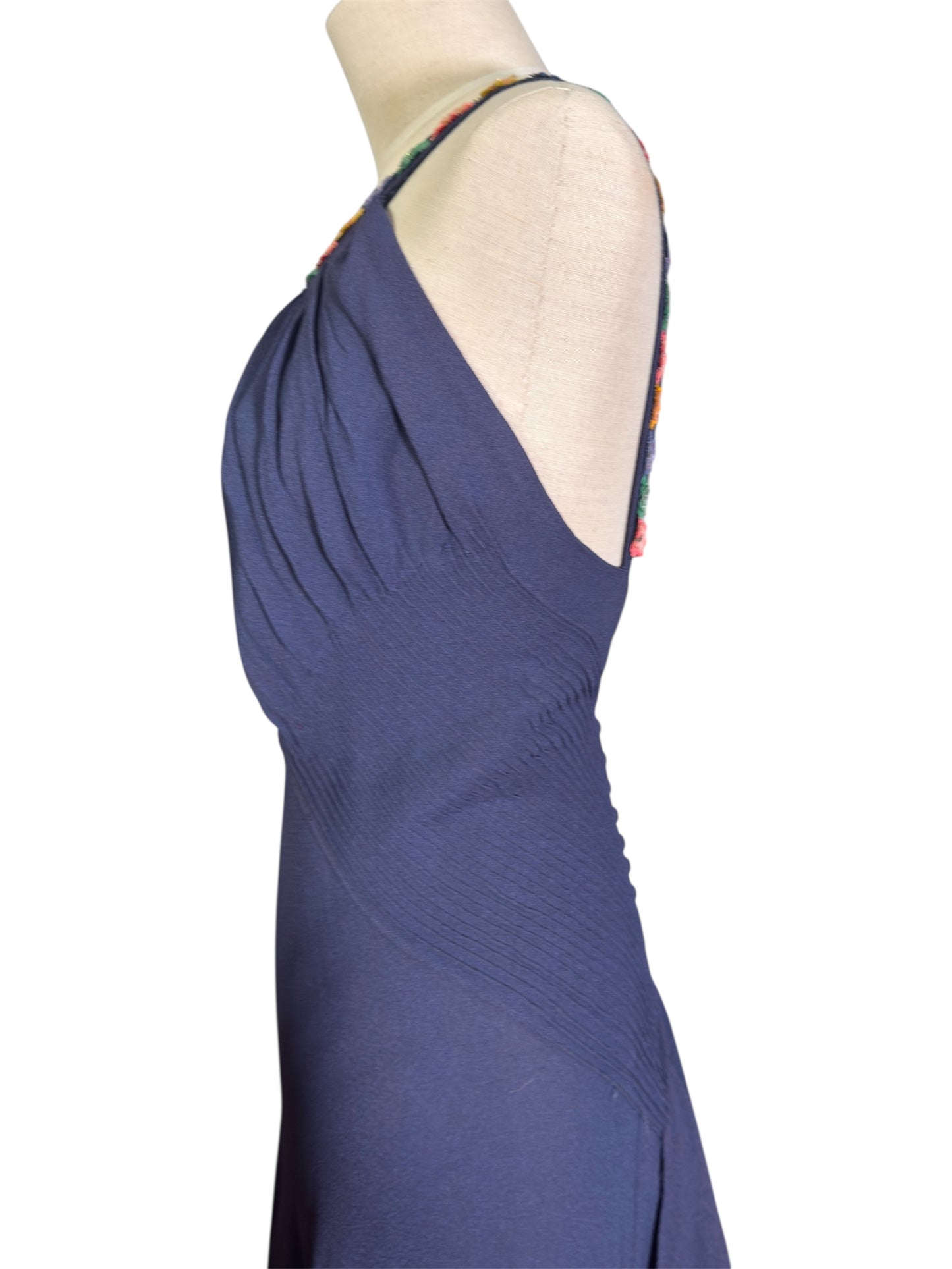 30s Bias Cut Navy Gown with Celluloid Flowers