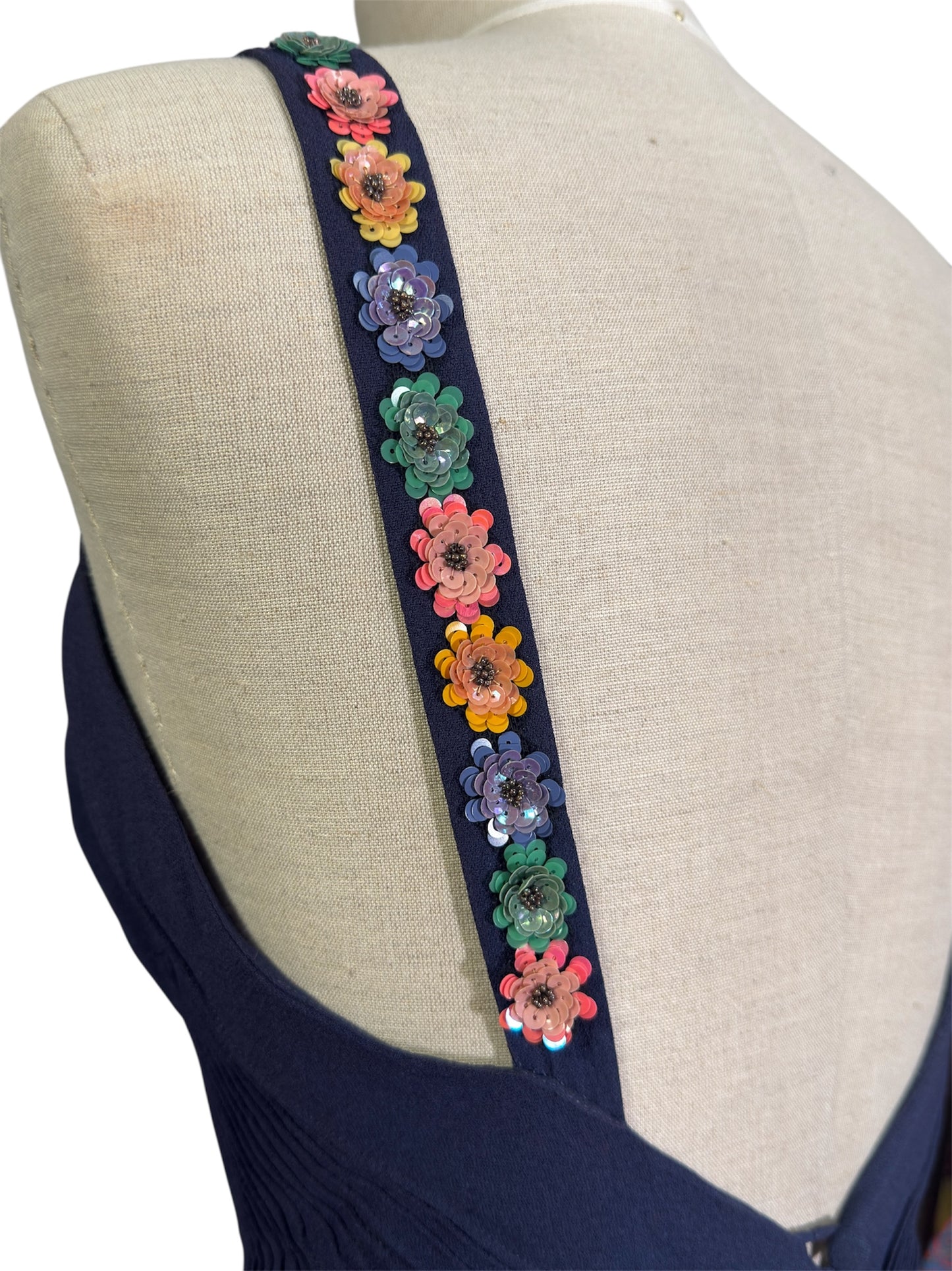 30s Bias Cut Navy Gown with Celluloid Flowers