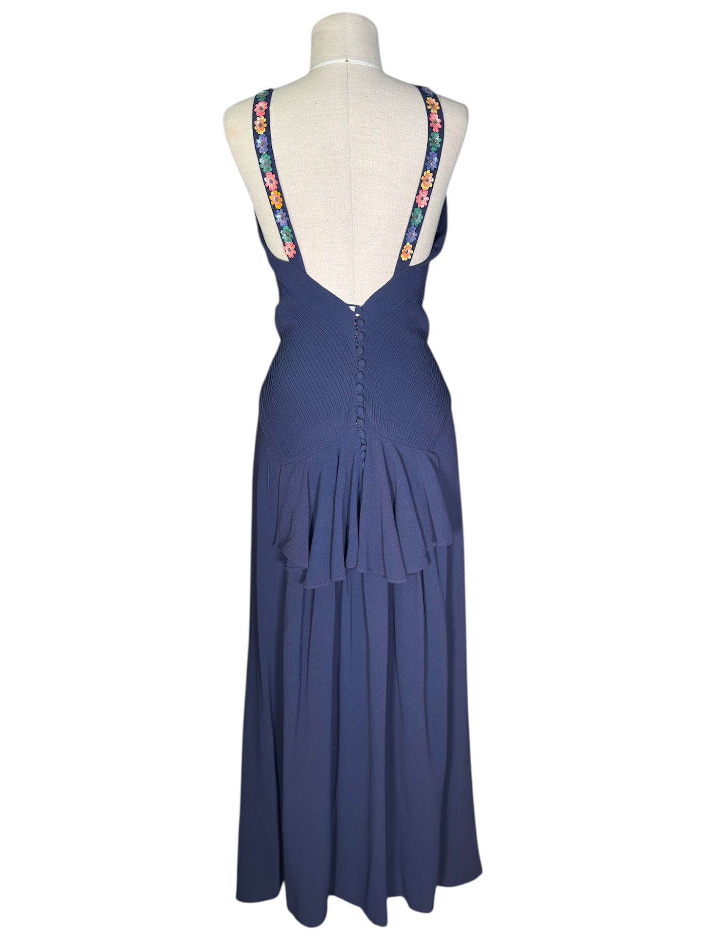 30s Bias Cut Navy Gown with Celluloid Flowers