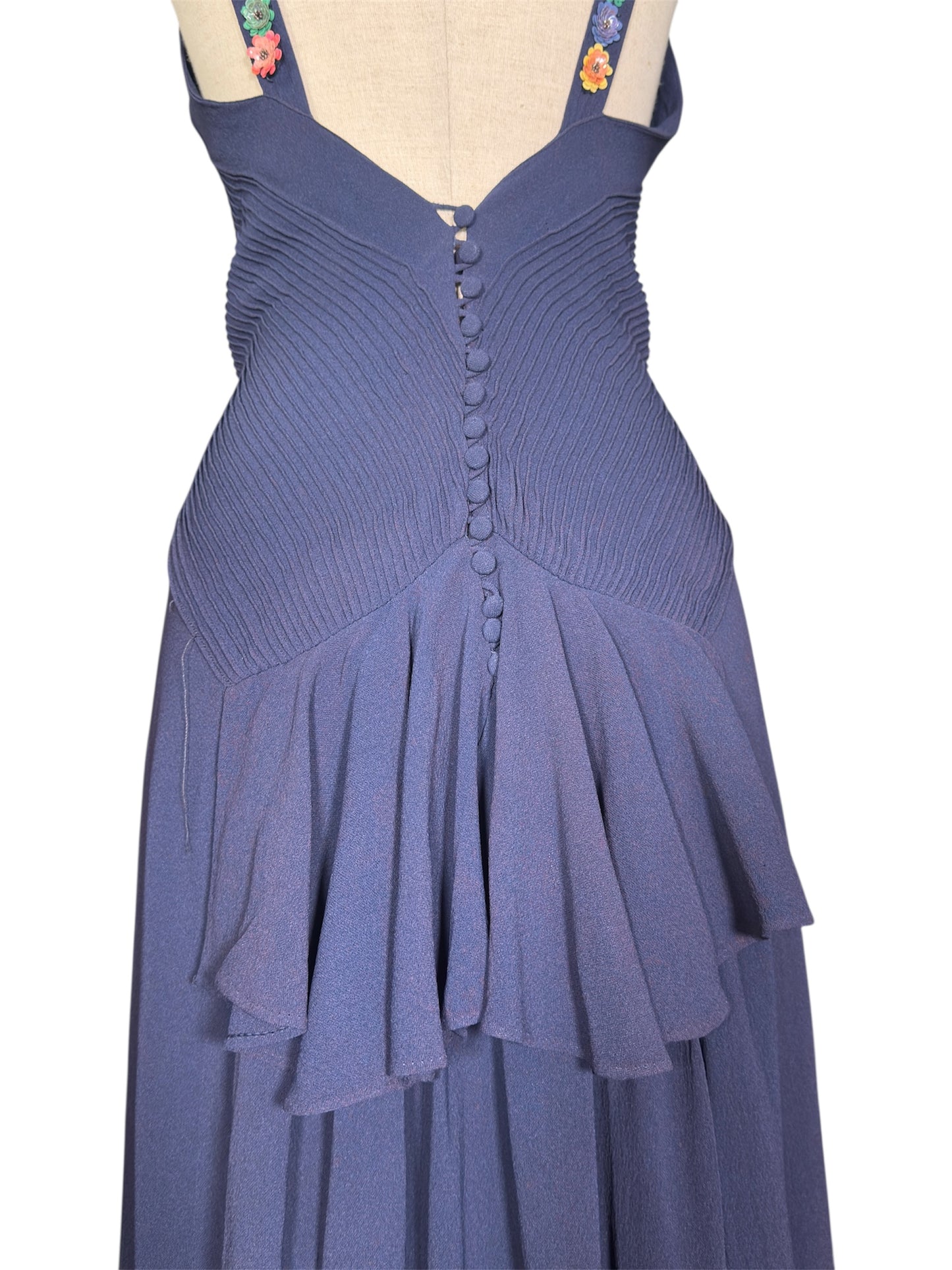 30s Bias Cut Navy Gown with Celluloid Flowers