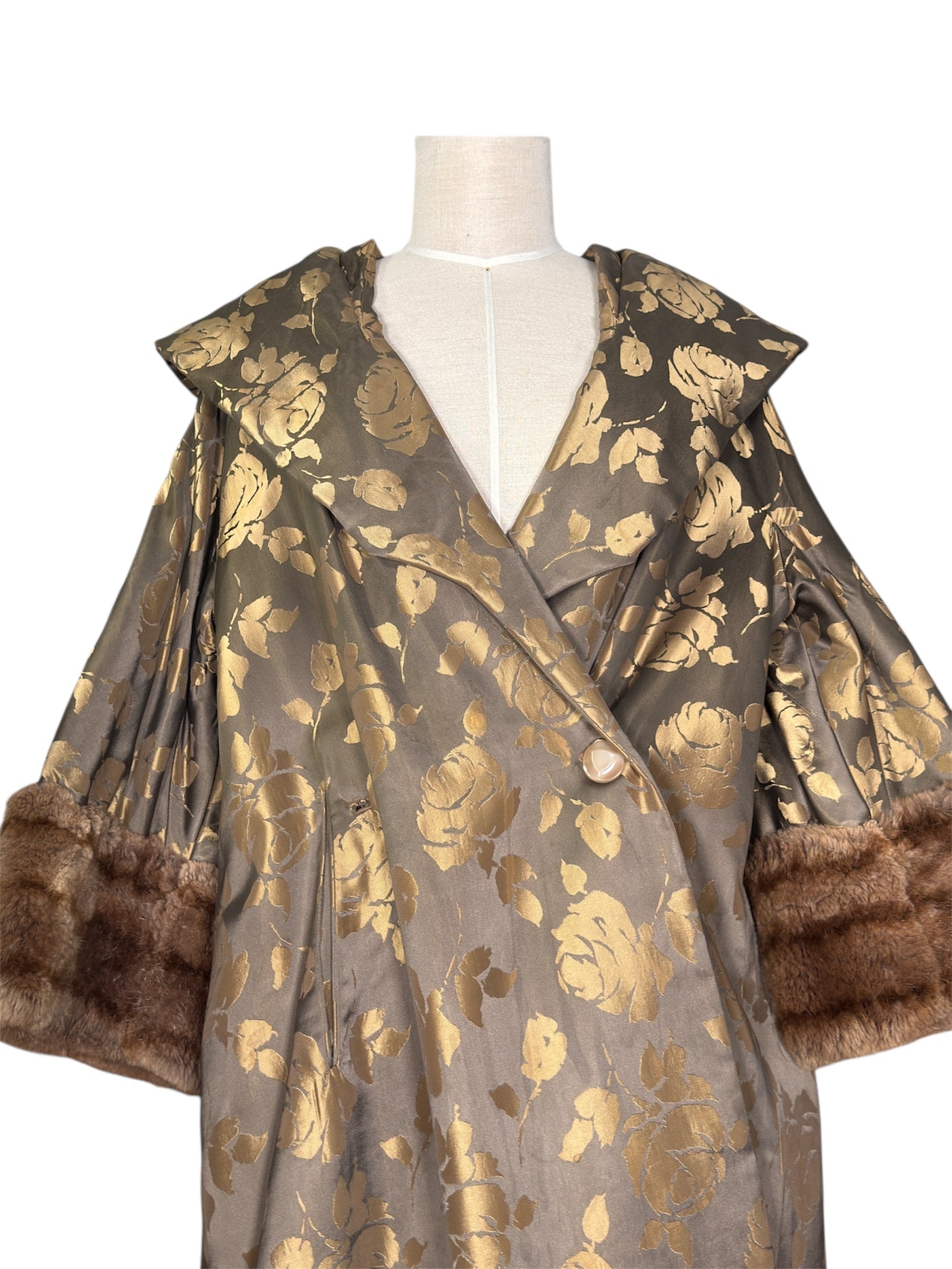 50s Oversized Brocade Coat with Faux Fur Sleeves