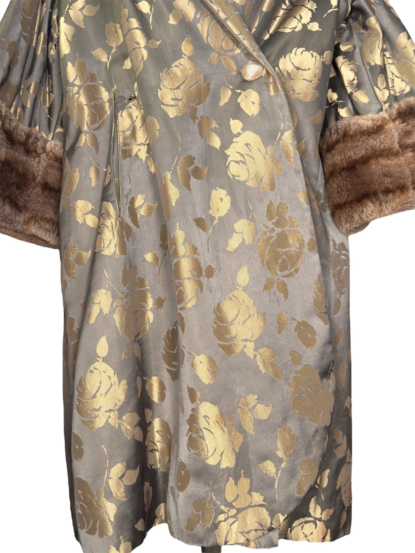 50s Oversized Brocade Coat with Faux Fur Sleeves