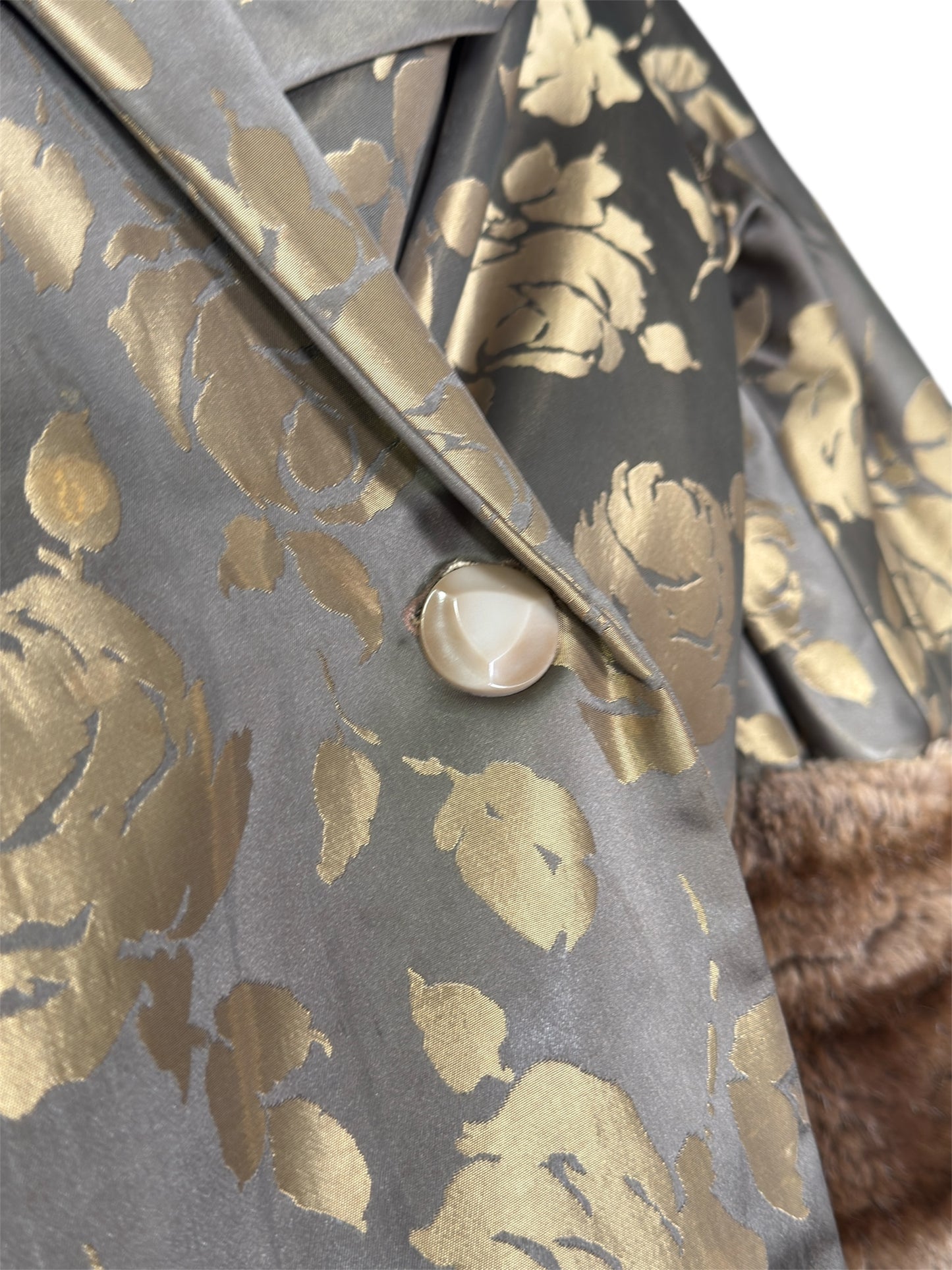 50s Oversized Brocade Coat with Faux Fur Sleeves