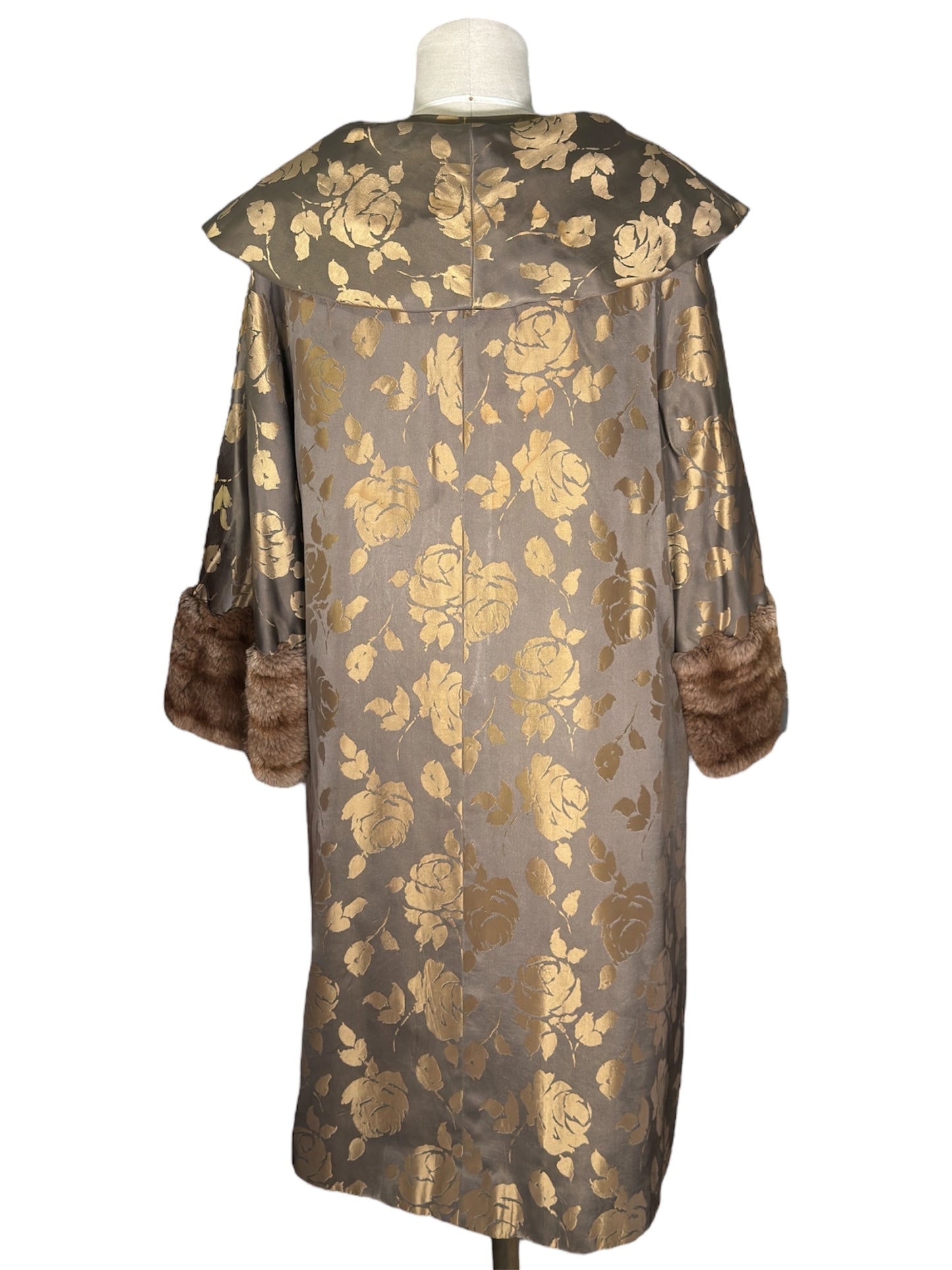 50s Oversized Brocade Coat with Faux Fur Sleeves