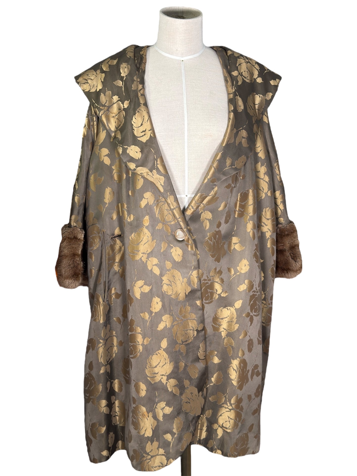 50s Oversized Brocade Coat with Faux Fur Sleeves
