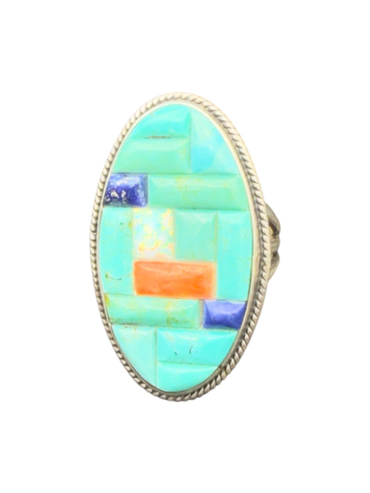 Vintage Navajo Oval Ring with Turquoise, Lapis, and Coral - Size 7