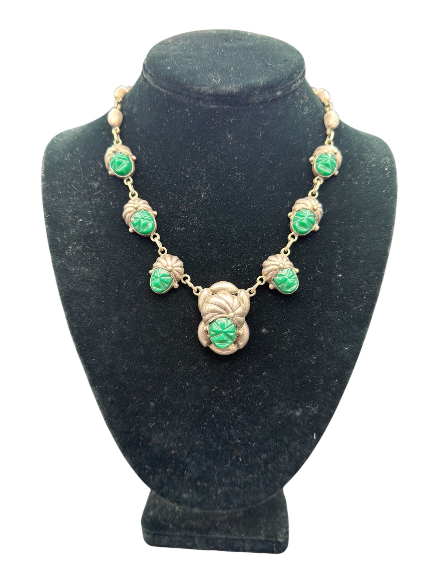 Vintage Sterling Silver and Jadeite Geometric Mexican Necklace