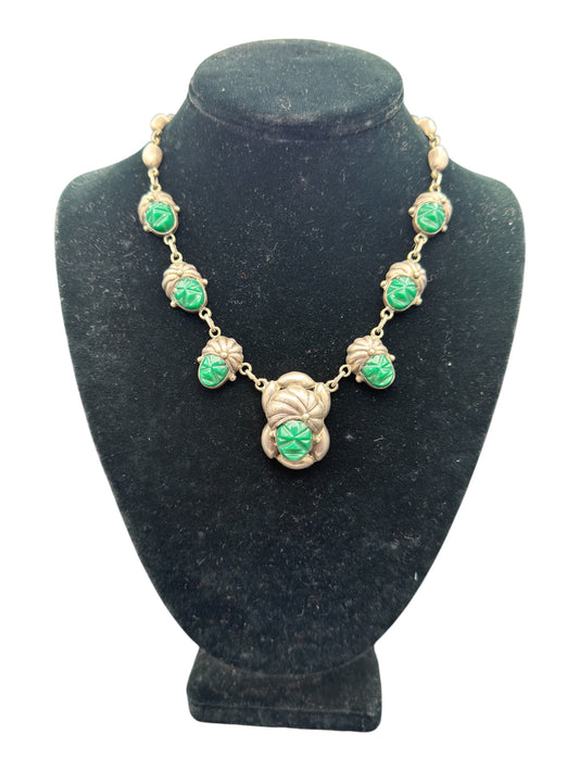 Vintage Sterling Silver and Jadeite Geometric Mexican Necklace