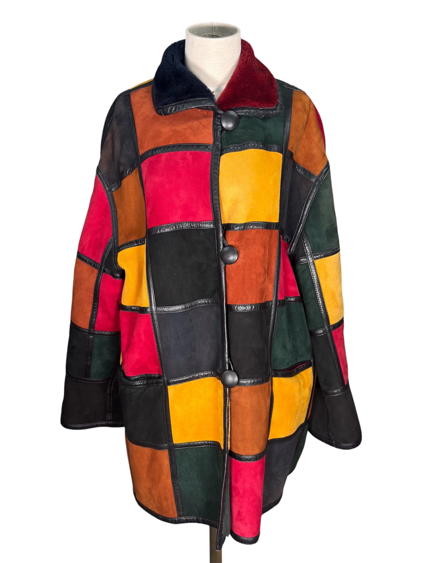80s Donna Karan Suede Patchwork Multicolor Coat
