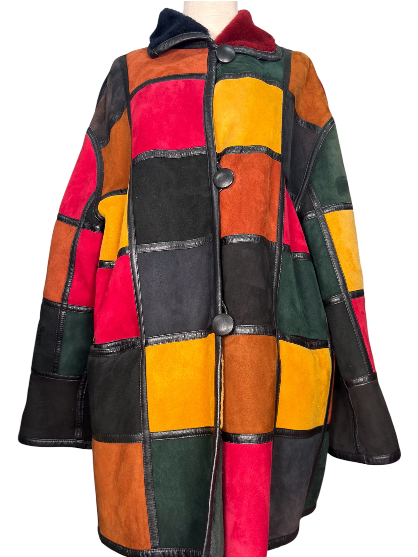 80s Donna Karan Suede Patchwork Multicolor Coat