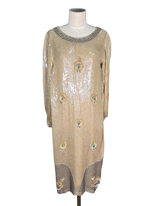 1970s ShoMax Beige Iridescent Sequined Silk Gown