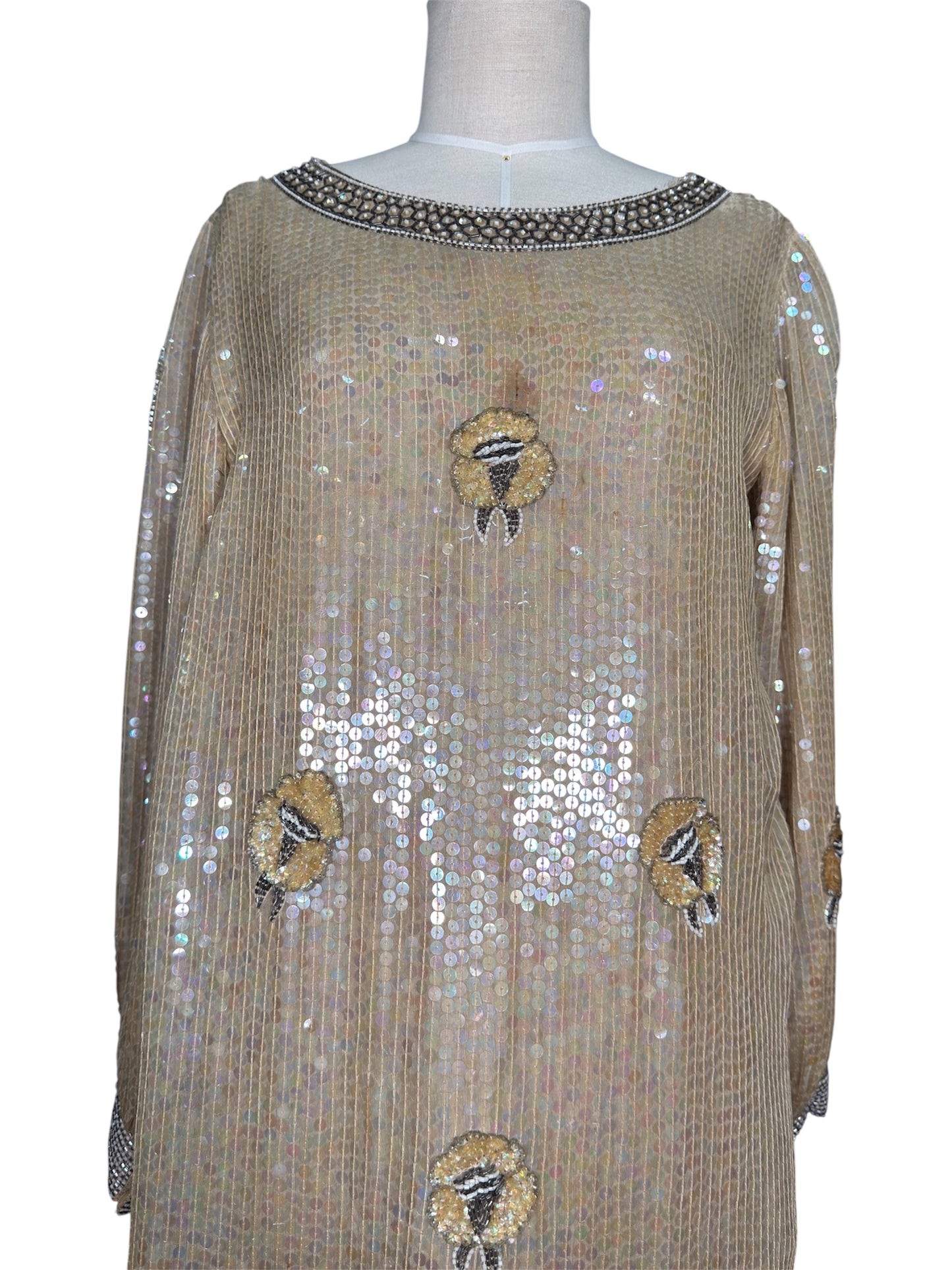 1970s ShoMax Beige Iridescent Sequined Silk Gown